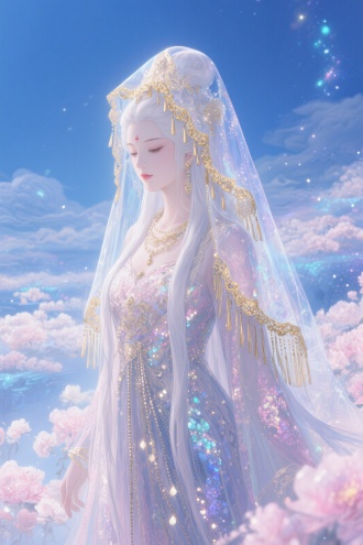 九维人物设定，九维概念设定，全息九维蓝色世界视觉， 九维透明流苏头纱，金色透明流苏花边，身上是九维长裙，长发，九维中国风，光荧斑驳，唯美插画，超级细节，超级繁复，九维云花海空间，古风菩萨，绝色容颜，肌肤胜雪，长发，岩彩板绘，肌理磨砂，暗粉魔幻，新九维，奢华，闪耀流苏，国风光影，九维粒子，亮片，生物发光粒子，64K高清，远景