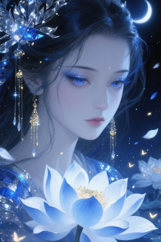 一个由粒子组成的古风插画，笔触，线条清晰，明暗对比，超高清，垂坠感，高级感，宝蓝与银白交织箔片，似深邃夜空闪烁着清冷月光的视觉效果，最高画质，绝美眼睛，长睫毛。清透的皮肤，强光，细腻渲染，绝美眼睛，邪魅，细节五官。粒子发光生物发光金色闪片透明流体，丰富细节，朦胧感，宝蓝与银白荷花妖，如灿烂的眼眸，从眉眼间飘过行云流水和万千星辰，宝蓝与银白荷花堆砌覆盖掩埋，花瓣漫天飞舞，流萤，面部特写，微距镜头，面部阴影，丰富的细节，眼睛往下看，凌乱发丝，高质量，耳坠，流苏装饰，丰富的细节 美人 厚涂 插画写实逼真，艳丽的油画质感，细腻肌理，