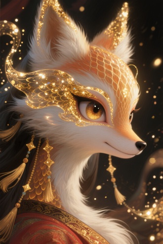 一个由粒子组成的古风插画，笔触，明暗对比，超高清，垂坠感，高级感，最高画质，细腻渲染，邪魅，粒子发光生物发光金色闪片透明流体环绕眼眸，丰富细节，朦胧感，鳞片，河灿烂的眼眸，从眉眼间飘过行云流水和万千星展，面部阴影，丰富的细节，高质量，流苏装饰，丰富的细节 九尾狐（绒毛质感蓬松柔软呈现渐变条纹，圆润眼反射环形柔光板高光，侧逆光勾勒绒毛边缘金色辉光，Q弹脸颊轮廓，美女面目，高速同步闪光凝固飘散在空中的粒子，迪士尼卡通材质渲染技术展现细腻布纹肌理）厚涂 插画写实逼真，艳丽的油画质感，细腻肌理