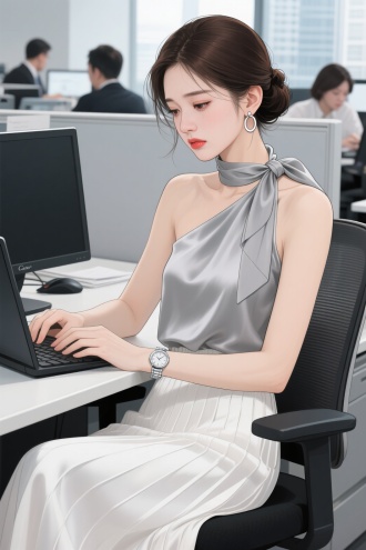 都市时尚女子，气质清冷，长相美丽，妆容精致，苹果肌Q弹，幼态脸，黑棕色头发简约盘起，前面有一些碎发。浅番茄色唇，线条漫画插画写实风格，仿真皮肤，东方面孔，超清画质 32K， 线条厚涂，半真实，oc质感 女生穿银灰色真丝斜肩单肩露出无袖上衣，脖子系银灰色丝巾，下身穿白色百褶真丝长裙，戴卡地亚女表，银色圆圈耳环，女生坐在办公桌位前专注用电脑，她一脸疲惫不开心，背后有其他同事也在办公