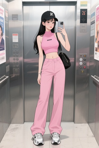 以线条漫画插画形式画出：帮我生成图片：时尚都市风格，一位女子，身体修长，凹凸有致，正面平视角度。手持手机自拍，一位温柔有气质的女孩，26岁，黑色长发，穿着粉色紧身露脐上衣，下装：粉色同色系高腰阔腿裤，鞋包：银白拼色运动鞋 + 黑色小挎包，配饰：黑色棒球帽（字母图案），背景为电梯内部，有金属壁、按钮面板、广告海报，氛围日常时尚，整体画面采用温馨治愈