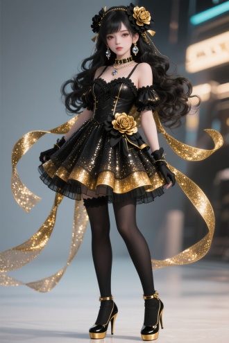 超高清美女，洛丽塔，一个三维立体真实游戏美女，穿搭饰品为黑金色系飘带，黑金色闪光丝线编织卷发光泽感，细闪裙摆，黑色丝袜，黑色金边高跟鞋，多层纱黑金色渐变鎏光黑金牡丹花，夸张黑金钻耳饰、项链，y2k风，赛博朋克，洛丽塔混合风格，真实建模人物，背景模糊，高清，细节，现代动漫风格，3D渲染，CG厚涂，游戏CG，仿真人物1