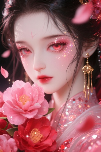 一个由粒子组成的古风插画，笔触，线条清晰，明暗对比，超高清，垂坠感，高级感，粉红与朱红交织箔片，娇艳红粉山茶色，最高画质，绝美眼睛，长睫毛。清透的皮肤，强光，细腻渲染，绝美眼睛，邪魅，细节五官。粒子发光生物发光金色闪片透明流体，丰富细节，朦胧感，红粉山茶花妖，如灿烂的眼眸，从眉眼间飘过行云流水和万千星辰，红粉山茶花堆砌覆盖掩埋，花瓣漫天飞舞，流萤，面部特写，微距镜头，面部阴影，丰富的细节，眼睛往下看，凌乱发丝，高质量，耳坠，流苏装饰，丰富的细节 美人 厚涂 插画写实逼真，艳丽的油画质感，细腻肌理，bjd