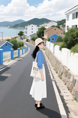 线条漫画插画写实风格，立体人物，超清画质32K，黑色线条厚涂，一位温柔有气质的女孩，26岁，高冷御姐脸，超绝眼睛，长睫毛，有气质，妆容精致，皮肤细腻，治愈系插画风格，休闲日常简约时尚，妆容漂亮有气质的小姐姐，这是一幅极具氛围感的户外场景图，画面中一位女子成为视觉焦点。女子站在一条铺有沥青的道路上，她戴着米白色针织渔夫帽，柔顺的长发披在身后。身着蓝色长袖衬衫，搭配白色宽松长裙，脚踩简约黑鞋，背着印有黑色文字的白色大容量帆布包，整体穿搭清新文艺，尽显悠闲随性。道路一侧是蓝色护栏，护栏旁有白色栅栏，栅栏内有蓝色小建筑，增添了画面的色彩层次。另一侧是石砌与白墙结合的护坡，护坡上方有茂密绿植。远处，能看到错落的建筑，有白色的楼房、浅棕色的低矮建筑，还有蓝色的小屋子，周围绿树点缀，背景是连绵的青山和远处的水面，天空中飘着云朵，营造出宁静惬意的氛围，仿佛是在一个临海的小镇，给人一种远离喧嚣、悠然自在的感觉。