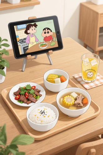 线条漫画插画写实风格，半真实，超清画质32K，这是一组充满生活气息的美食与休闲场景图，细节丰富，氛围温馨。画面主体是一套摆在木质桌面上的餐食，由浅木色托盘承载。托盘上有三个白色餐碗：前方居中是一碗白米饭，表面点缀着些许黑色芝麻和金黄碎屑，颗粒饱满；左侧是小炒牛肉，牛肉片鲜嫩，搭配翠绿香菜、鲜红小米辣，色泽诱人；右侧为玉米排骨汤，汤里有玉米段、山药块、胡萝卜片和排骨，汤色清亮。托盘右侧，一杯装着黄色饮品（可能是果茶等）的玻璃杯放置在格纹餐垫上，杯子上有可爱图案与文字，杯内还能看到冰块，增添清爽感。背景中，一台支架撑起的电子设备正在播放动漫《蜡笔小新》，屏幕里美伢穿着围裙在厨房灶台前，小新在一旁餐桌，呈现出日常又有趣的画面。桌面左侧有绿植点缀，为场景增添生机，