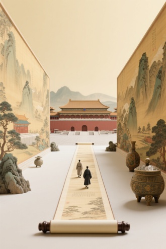左右是中国工笔风景画形成的巨大墙体，远处故宫建筑, 居中构图, 地面上中国古人走在展开的卷轴上,，对称居中构图，dreamina，微缩景观，后期处理，C4D渲染，幻想主义，矢量艺术，合成艺术，极简主义，超现实主义，岩彩艺术背景，干净的画面，大量留白，中国非遗物品，非遗传承，东方美学，文化瑰宝，清晰细节，由山本耀司、勒内·马格利特、Paolo Roversi共同创作，纯色背景，Wes Anderson的极致构图，原研哉的设计美学，黄海的创意构思，索尔·巴斯的几何排版，奥利·莫斯的完美叙事，12K超细节，电影照明，