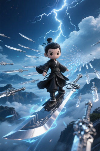 Q版造型，大师级摄影，华夏剑仙身着玄色长袍束发髻，脚踏巨型飞剑，身后跟随千把流动液态金属质感的飞剑，银色飞剑在深蓝色夜空中划出光轨，云层被剑气撕裂露出闪电，背景是连绵山脉和翻涌云海。超广角镜头展现宏大场景，液态金属呈现镜面反光效果，剑气光轨使用动态模糊处理，3D渲染风格，高细节材质纹理，霞光与冷色调天空形成冷暖对比。虚幻引擎5渲染，16K分辨率，景深控制，粒子特效，赛博朋克风格机械纹路，HDR光照。