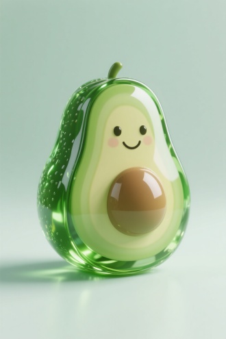 这是一张采用C4D制作的具有超高清8K画质的工艺品图片，呈现出3D效果的视觉风格。主体是一个外面为绿色牛油果的果冻状材质物品，其表面光滑，晶莹剔透，仿佛能折射出柔和的光线。在牛油果的表面设计有一个可爱的笑脸，表情俏皮生动，给人一种愉悦的感觉。整体画面色调清新自然，牛油果的绿色与玻璃的透明质感相互映衬，营造出一种清新、可爱的氛围。