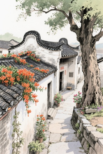 广东肇庆村景，用细腻的马克笔插画风格描绘出的岭南古镇画面。镬耳屋的建筑特色鲜明，黑瓦白墙。老榕树苍劲有力，树荫下透着一丝清凉。狭窄的小石巷中，花花草草散发着淡淡的芬芳。那爬满屋顶的炮仗花热烈奔放，如同燃烧的火焰。小院内伸出的树枝叶慵懒地压在琉璃瓦上，画面构图和谐，以柔和的光线烘托出古镇的闲适氛围，充满了生活的诗意与美感。