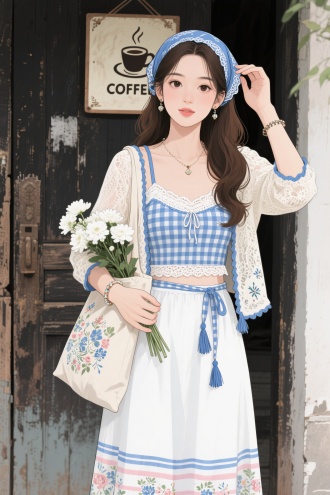 线条漫画插画写实风格，半真实，超清画质32K，黑色线条厚涂，线条漫画插画写实风格，半真实，超清画质32K，黑色线条厚涂，一位温柔有气质的女孩，26岁，御姐脸，超绝眼睛，有气质，妆容精致，皮肤细腻，棕色及腰长发，发尾微卷，治愈系插画风格，休闲日常简约时尚，妆容漂亮有气质的小姐姐，一名年轻中国女性，站立，左手持有一只印花布袋，袋内插有白色花束。精致妆容，鹅蛋脸，头戴蓝色带蕾丝边的头巾，佩戴耳饰与项链 。右手抬起，手掌轻触头巾；左手自然下垂，握住蓝白格纹的印花布袋（袋内插有白色花束）。上身内搭蓝色吊带，吊带上沿有白色蕾丝、流苏装饰及刺绣图案；外搭米白色蕾丝开衫，开衫边缘饰有蓝色滚边和流苏；下身着白色长裙，裙身有蓝、粉条纹及花卉印花，腰部系有蓝色流苏腰带 。背景是一扇老旧木门，门上方设有一块装饰牌，牌面印有咖啡杯图案及 “COFFEE” 字样 。手腕佩戴手链，整体穿搭融合民族风元素，色彩以蓝、白为主 。