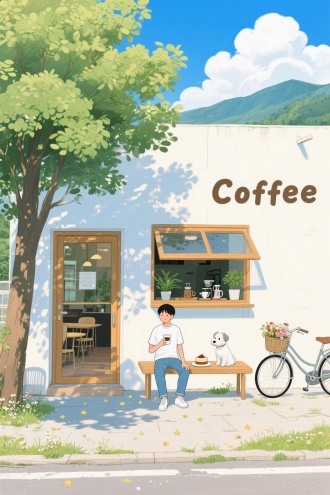 这是一幅风格清新治愈的插画，描绘了一家街边咖啡店。画面主体是一栋白色外墙的咖啡店建筑 ，右侧墙面上醒目地印着“Coffee”字样，彰显着它的身份。 建筑左侧有一扇木框玻璃门，门敞开着，能看到屋里的桌椅陈设，门右侧是一个木质外推式窗口，窗内摆放着绿植和咖啡器具，充满生活气息。窗口下方，大大的树荫下，一条简约的木质长椅，男生穿着白短袖蓝色牛仔长裤白鞋，坐在长椅上乘凉，手里拿着一杯咖啡，长椅上有一盘蛋糕，旁边还有一只小小的白色雪纳瑞坐在男生身旁，稍作休憩。旁边停着一辆自行车，车筐里装满了鲜花 远处有深山， 建筑左侧，一棵枝叶繁茂的大树矗立着，翠绿叶片层层叠叠，阳光洒落，树影在墙面和地面上斑驳摇曳，光影效果灵动自然。地面上，点缀着星星点点的小花与嫩绿小草，生机盎然。 背景是澄澈湛蓝的天空，飘浮着蓬松如棉絮的白云，整个画面色彩明快鲜亮，线条柔和流畅，以典型的日式小清新插画风格，传递出闲适、惬意、宁静美好的氛围，让人仿佛能在此处寻得一方心灵的宁静港湾，享受片刻悠闲