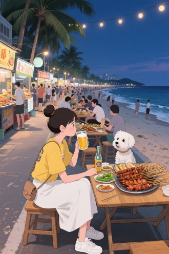 动漫插画风格，夏天的夜晚，在滨海城市，海边的路边夜宵摊路上，各种各样的美食，每个摊位都在路边有摆着矮矮的桌椅板凳。女生丸子头，穿着宽松黄色T恤和白色长裙，搭配白色运动鞋，背着小包，坐着喝着冰啤酒，桌上有一大盆烤串，有荤菜有素菜，玻璃瓶精酿啤酒，身旁有只小小的白色雪纳瑞眼巴巴看着女生，女生边喝边看着大海，面朝大海的方向坐着，周围熙熙攘攘的路人，有人在吃，有人在看美食，有人看大海，很大一片的沙滩和大海，很多的氛围灯，很多椰子树，营造出一种平稳、舒缓的氛围，传递出忙碌一天后放松休憩的惬意感。