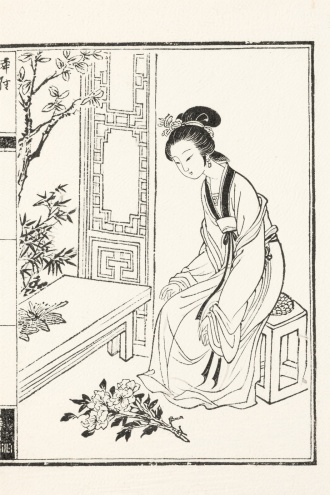 一幅传统明式书籍版画风格插画，以木刻线条勾勒场景，用流畅、精准的线条，勾勒轮廓、表现结构，无设色，靠线条疏密、曲直塑造形态，传递出宁静、含蓄的文人生活意境。黛玉葬花。