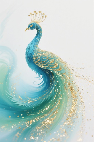 蓝色绿色渐变色金光闪闪的细小颗粒形成一个古典凤凰，高清画质，留白，抽象派，唯美梦幻朦胧美，高级艺术品，大师的杰作