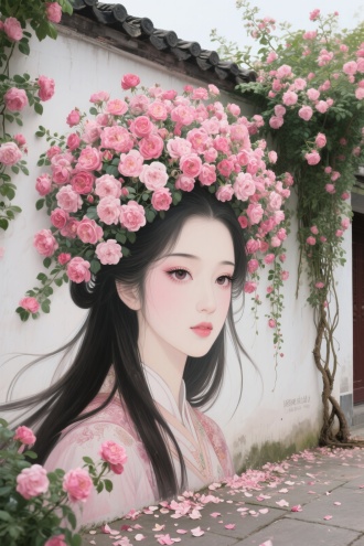 一正面围墙上，墙绘的主体是一位国风美女画像，长发飘逸的美女大大的眼睛长长的睫毛，时尚美女的头发部分由大量的茂盛的粉色的蔷薇花构成，花朵密集，包裹着飘亮女孩的头顶。仿佛给少女带上了一顶绚丽的花帽子，这些花密密麻麻覆盖了整个墙头，茂密的长长的花枝垂落下来，地上掉落很多花瓣，花朵细节逼真，花根在一侧，大景深，超广角，真实照片，写实风格，32k超清，色彩艳丽