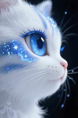 一个由粒子组成的古风插画，萌系，侧面，近距离眼部特写，笔触，明暗对比，超高清，蓝色的睫毛，高级感，最高画质，细腻渲染，粒子发光生物发光蓝色闪片透明流体环绕眼眸，丰富细节，朦胧感，蓝色粒子反光，河灿烂的眼眸，从眉眼间飘过行云流水和万千星展，面部阴影，丰富的细节，高质量，丰富的细节  白色的猫（绒毛质感蓬松柔软呈现渐变条纹，圆润眼反射环形柔光板高光，立体鼻头，侧逆光勾勒绒毛边缘蓝色辉光，Q弹脸颊轮廓，高速同步闪光凝固飘散在空中的粒子，迪士尼卡通材质渲染技术展现细腻绒毛纹理）厚涂 插画写实逼真，艳丽的油画质感，细腻，bjd，罩染，闭着眼睛睡觉