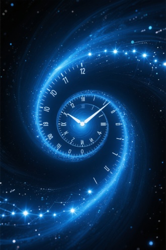 蔚蓝色星群沿着斐波那契螺旋轨迹精密重组成时钟刻度，深邃的冷光在3D渲染的宇宙空间流转，强烈光影对比凸显层次感，精密数学结构与神秘宇宙元素在广阔空间中完美融合，呈现理性与未知交织的深邃氛围。