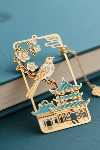 一个金属书签，上面有一只带花和鸟，中国新年节日的风格，宏伟的规模，淡金色和天蓝色，中国建筑，剪纸，手工掐丝（世界顶级大师级水准，要有灵魂，不呆板，有意境，有情感）
