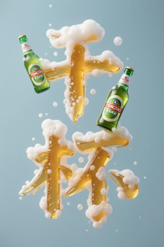 由青岛啤酒和啤酒泡沫元素组成的中文正楷书法字体'干杯'，融合完美，真实感十足，纯色背景，用途艺术设计图，3D高清风格，特写镜头，唯美氛围，8k画质