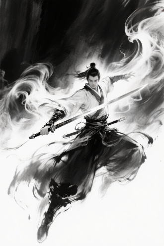 水墨画，中国风，剑客，黑白对比，张扬，黑白流光，烟雾环绕，动态模糊，抽象