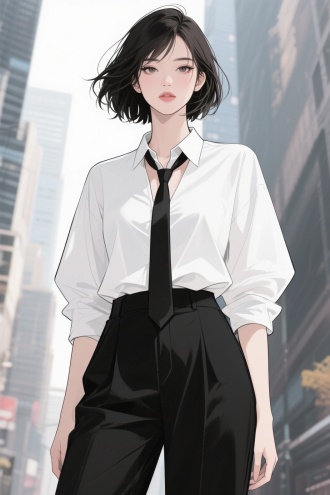 以线条漫画插画形式画出：帮我生成图片：半真实，时尚都市风格，一个女生，高挑修长温柔有气质，20岁，御姐脸，大长腿，直角肩，天鹅颈，身材完美。白宽松衬衫，领口敞开，松垮的打着一根黑色领带，凌乱短发，黑色阔腿西装裤。半身特写，眼神冷酷，拍写真的感觉