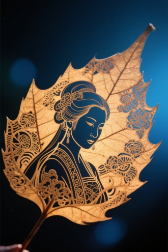 夜晚，逆光，特写，三维古风，叶雕，上面有一个美女像，镂空，画面真实，精致，细腻，有质感，细腻，x-ray,,抽象，暖色调,蓝色渐变的背景,,精细的电影灯光,终极效果，超高清,照片-超真实,超详细，高质量，影戏，现实和虚拟领域，超现实主义,陈家泠,细节