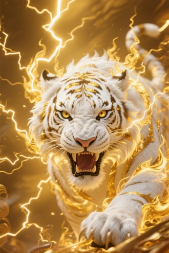 黄金白虎脸部特写，四周涌动着浓密的雷电闪绕，中国古风神话风格，白色毛毛与金色火焰环绕，威严表情直视前方，8K超高清渲染，复杂精致的纹理，古风神话细节，电影级光影效果，纯金色背景，白虎由白色半透明火焰组成，雷电特效呈现为环绕金色电弧，超现实3D渲染风格，8K超高细节，光影质感，火焰裂纹与电光交织的动态特效，巨物，威严。仰天怒吼，向你扑击过来，仰视，压迫感十足