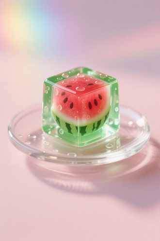 微观视角下的水晶西瓜立方体果冻，内部透明如果冻一样，红绿撞色搭配，光影柔和，主体果冻居中放置在一个ins风格的透明玻璃盘上，丙烯酸材质呈现果冻质感，水滴在表面形成光斑折射，浅粉雾状背景带彩虹光晕，一只圆角正方形，绿色透明水晶风格，带有水珠，可爱，精致的，可爱风格，简约，水晶材质，小图标，逼真的，设计师设计，获奖作品