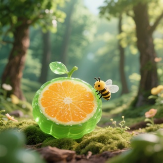 果冻材质的微观世界，树林风景，绿色透明的橘子，果冻材质的蜜蜂在旁边，Q萌，专业布景，佳能5d拍摄，大师级构图，平衡构图，高饱和度，高对比度，高清晰度，8K