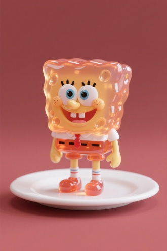 超级可爱的ip海棉宝宝，放在一个白色盘子上，手工树脂玩偶，全身半透明，胶质材料，果冻质感，精细的光泽，纯色背景，，3d渲染，oc渲染，超现实主义，写实风格，果冻质地，纯色背景