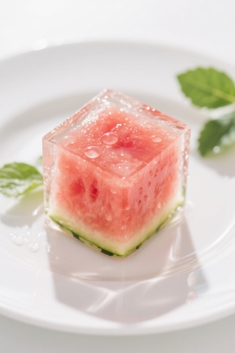 夏日清凉感 · 水晶果冻 · 立方体西瓜造型 · 透明质感 · 水滴挂在表面 · 阳光照射 · 玻璃盘子 · 白色背景 · 清新绿叶点缀 · 高光折射 · 食品摄影风格 · 拍摄角度俯视略倾斜 · 极简构图 · 治愈系 · 高饱和高清写实风
