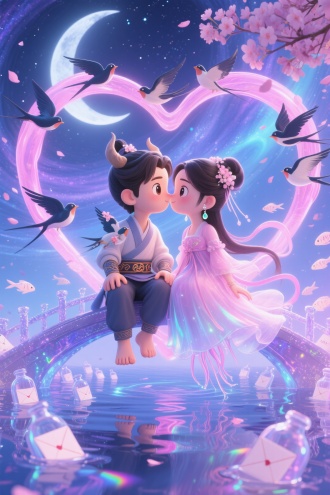 月光流淌的七夕夜，Q 版牛郎织女赤脚悬坐在银河鹊桥中央，粉色流体状喜鹊群环绕成心形光带，织女裙摆化作半透明水母触须轻缠牛郎手腕，两人额头相贴，眼中倒映出彼此发光的 q 版小像。背景是旋转的蓝紫星云，流淌的银河水中漂浮着无数透明许愿瓶，瓶内装载着情侣们的手写情书，远处樱花树飘落的花瓣化作荧光鱼群游弋。画面采用 3D 厚涂技法，角色边缘泛起糖果色柔光，鹊桥以水晶糖霜质感呈现，银河水面反射出七彩镭射波纹，整体笼罩在浅粉雾霾蓝的治愈色调中，8k 分辨率下可见牛郎腰带暗纹的喜鹊衔花图腾，以及织女耳畔晃动的月光水滴耳坠。
