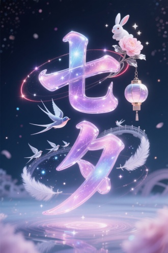  画面正中央悬浮着水晶质感的立体文字 "七夕"，每个笔画内部都有流动的银河微光与发光喜鹊剪影，文字边缘呈现羽毛绒边效果，表面浮动着与鹊桥同步的星轨光纹。主文字采用粉紫到浅蓝的渐变马卡龙色调，笔划转折处镶嵌宋代灯笼造型的银箔装饰，文字下方投射出的光影化作流动的喜鹊队列。在 "七" 字右上角飘落嵌有兔形星宿的牡丹花瓣，文字轮廓缠绕着与人物发梢同频率呼吸的发光红线，文字表面镀着与鹊羽相同的丝绒光晕层。整个文字装置被背景悬浮的绒光粒子环绕，8K 渲染下可见每个笔画里都有独立旋转的迷你星云。