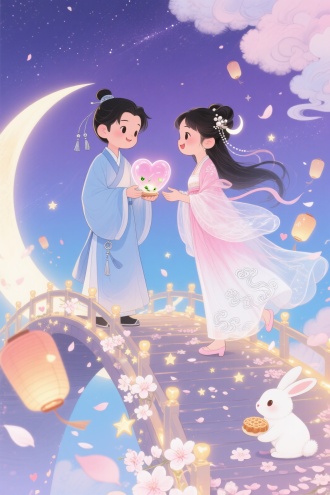 低角度仰拍，二维插画风格，七夕浪漫治愈氛围。画面中央是 Q 版牛郎织女，牛郎穿浅靛蓝斜襟汉服，墨发系银铃流苏，手持半透明琉璃盏盛着萤火虫微光；织女着粉白渐变纱裙，裙摆绣满银线云纹，发间别着月牙形状的珍珠发簪，二人相视而笑，织女踮脚将一盏桃花灯笼递给牛郎，灯笼光晕在两人指尖交织成淡粉爱心。鹊桥由发光的流云、闪烁的星子和飘落的粉白花瓣铺就，自画面左下角延伸至右上角的弯月，桥两侧悬浮着无数微型爱心与星星灯笼，淡金色星光如轻纱般洒在角色发梢与衣袂，勾勒出柔和的发光轮廓。背景是渐变的深紫到浅蓝星空，点缀着大朵蓬松的云朵和缓慢飘过的银河，右下角有一只雪白垂耳兔抱着桂花糕遥望他们，整体色调以粉、蓝、金为主，线条细腻圆润，角色眼神温柔含情，动作轻盈自然，营造出梦幻、甜蜜、治愈的七夕相会场景，8k 超高清呈现发丝的柔软质感与纱裙的透光层次，柔光渲染让画面如梦境般朦胧温暖，电影级横构图增强沉浸感。