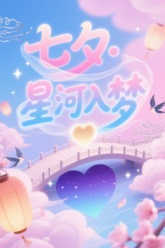 文字 “七夕・星河入梦” 以圆润的软萌手写体呈现，粉蓝渐变底色上点缀银线勾勒的云纹与星子，字体边缘包裹一层薄纱般的半透明光晕，部分笔画自然缠绕着飘落的粉白花瓣与微型爱心灯笼，仿佛被鹊桥的流云轻轻托起，字体底部融入深紫到浅蓝的星空渐变，与画面中织女递来的桃花灯笼光晕交融成淡金色爱心，整体如梦境般轻柔，与 Q 版牛郎织女的温柔眼神和纱裙透光层次完美呼应。
